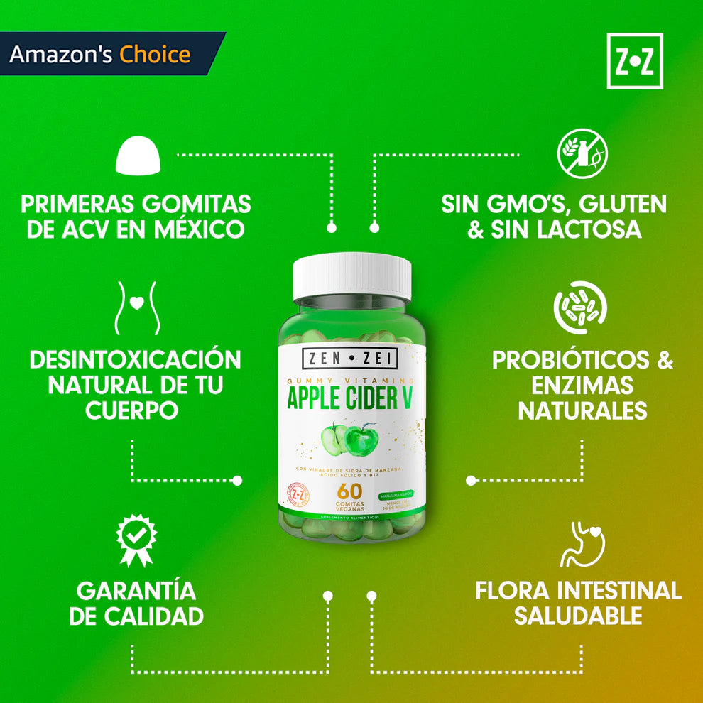 ZEN•ZEI Apple Cider V | Gomitas de Vinagre de Manzana para Digestión y Bienestar – 60 Gummies