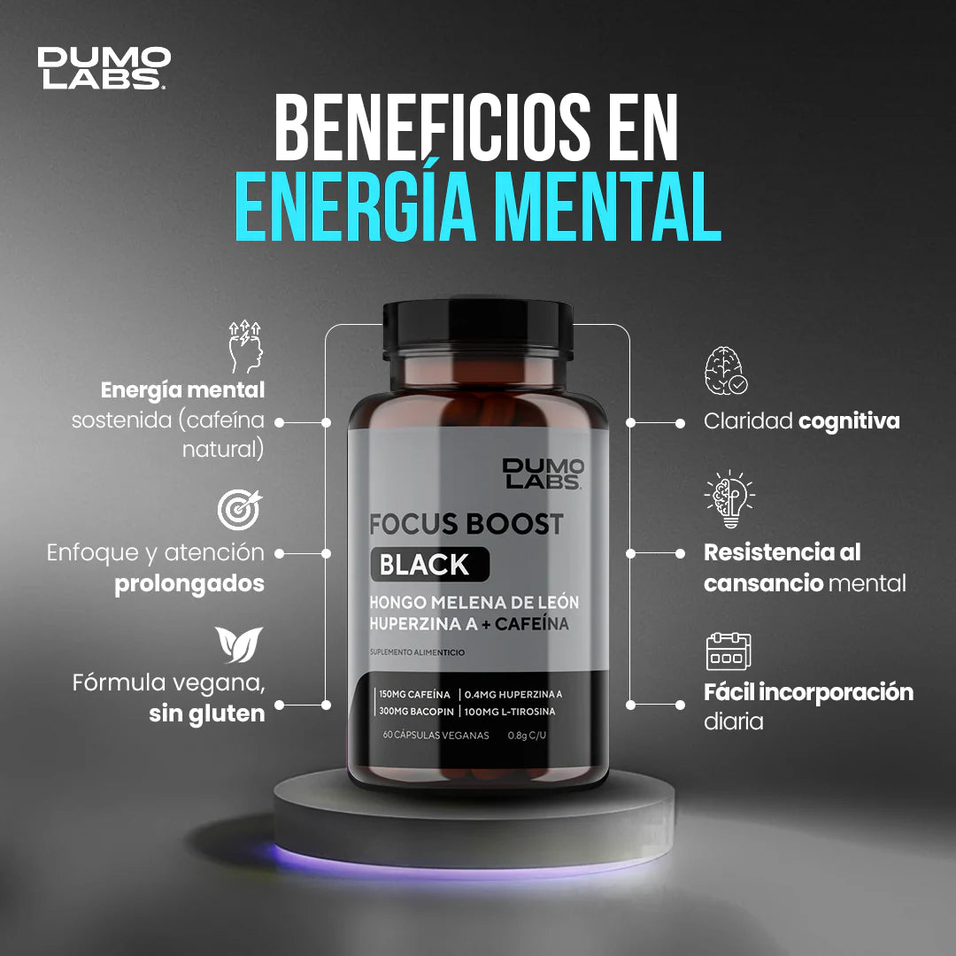 Focus Boost Black | Nootrópico Natural con Cafeína para Enfoque y Energía Mental – 60 Cápsulas Veganas