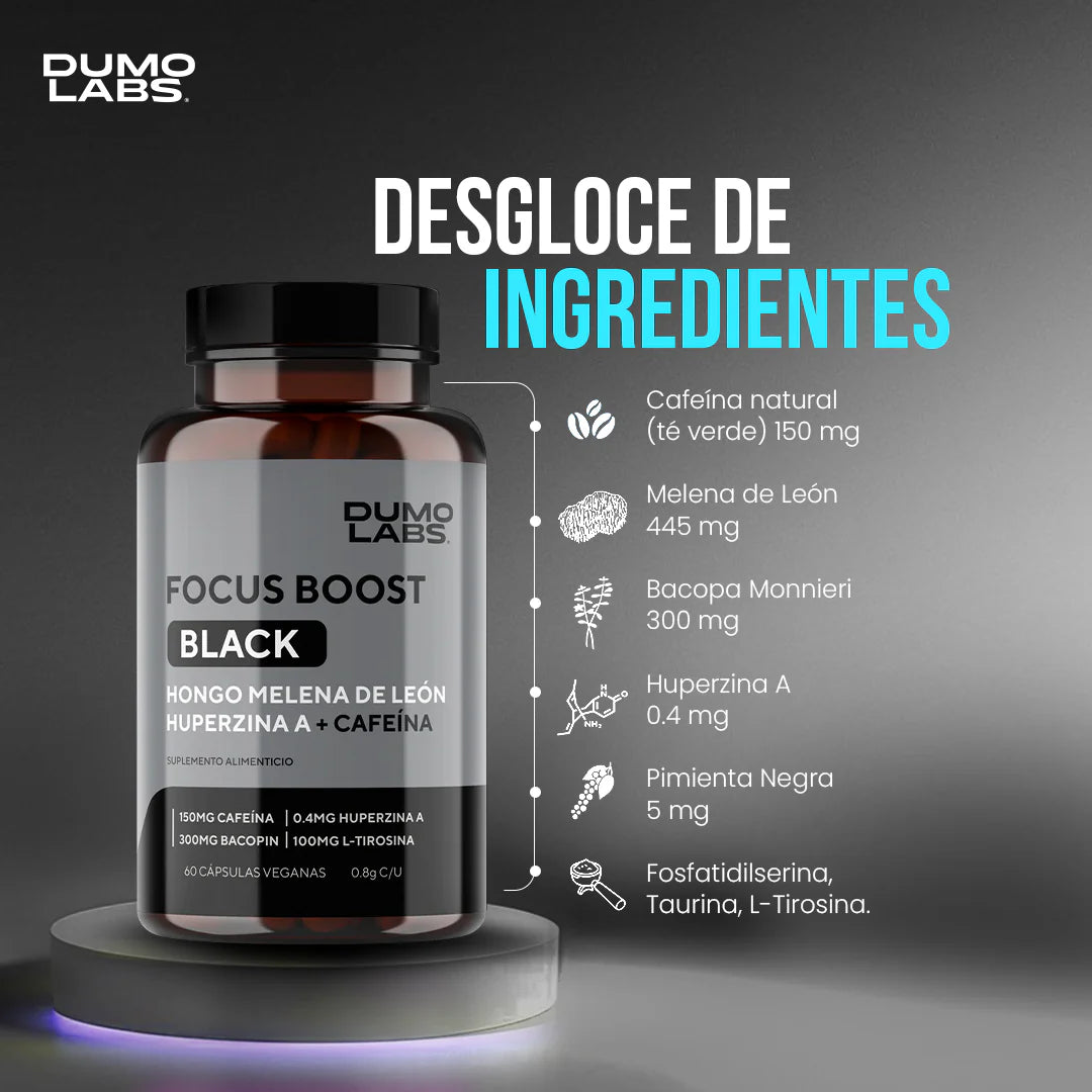 Focus Boost Black | Nootrópico Natural con Cafeína para Enfoque y Energía Mental – 60 Cápsulas Veganas