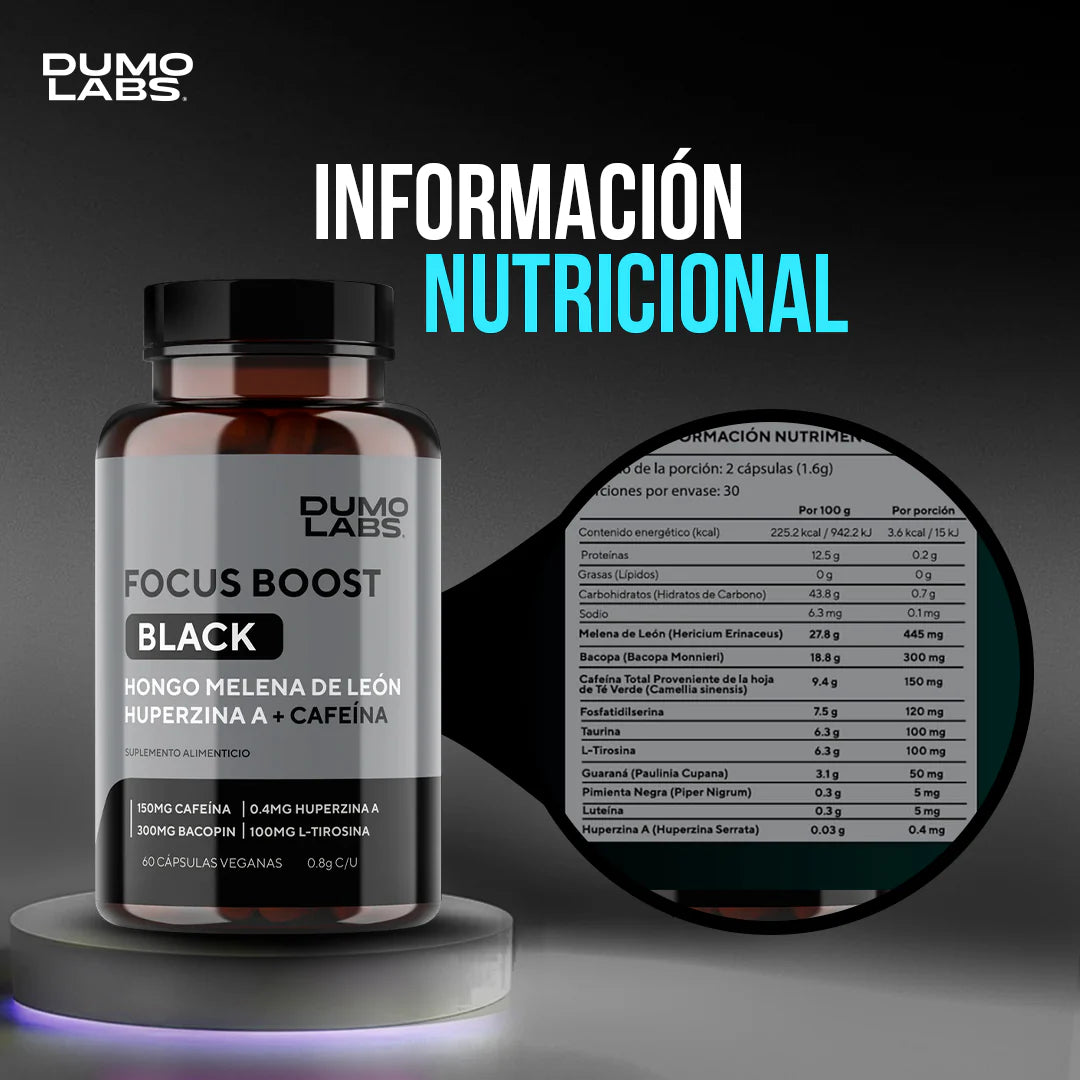 Focus Boost Black | Nootrópico Natural con Cafeína para Enfoque y Energía Mental – 60 Cápsulas Veganas